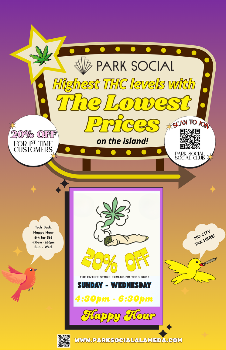 Park Social promo poster in yellow and purple, advertising low prices and happy hour specials.
