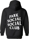 Black hoodie with white text reading “PARK SOCIAL SOCIAL CLUB” on the back