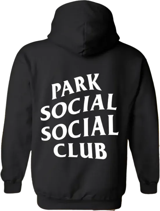 Black hoodie with white text reading “PARK SOCIAL SOCIAL CLUB” on the back