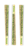 Three green cannabis sticks packages on a white background