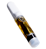 Transparent vape cartridge with amber liquid and white cap, angled on a plain white background