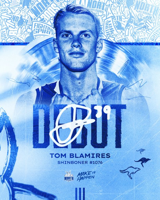 A blue-toned graphic celebrating Tom Blamires' debut for the North Melbourne Football Club, featuring his signature.