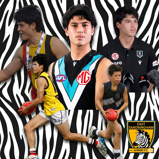 A montage of footballer Taj Woewodin in various uniforms, including East Sandringham Junior F.C., on a zebra-stripe background.