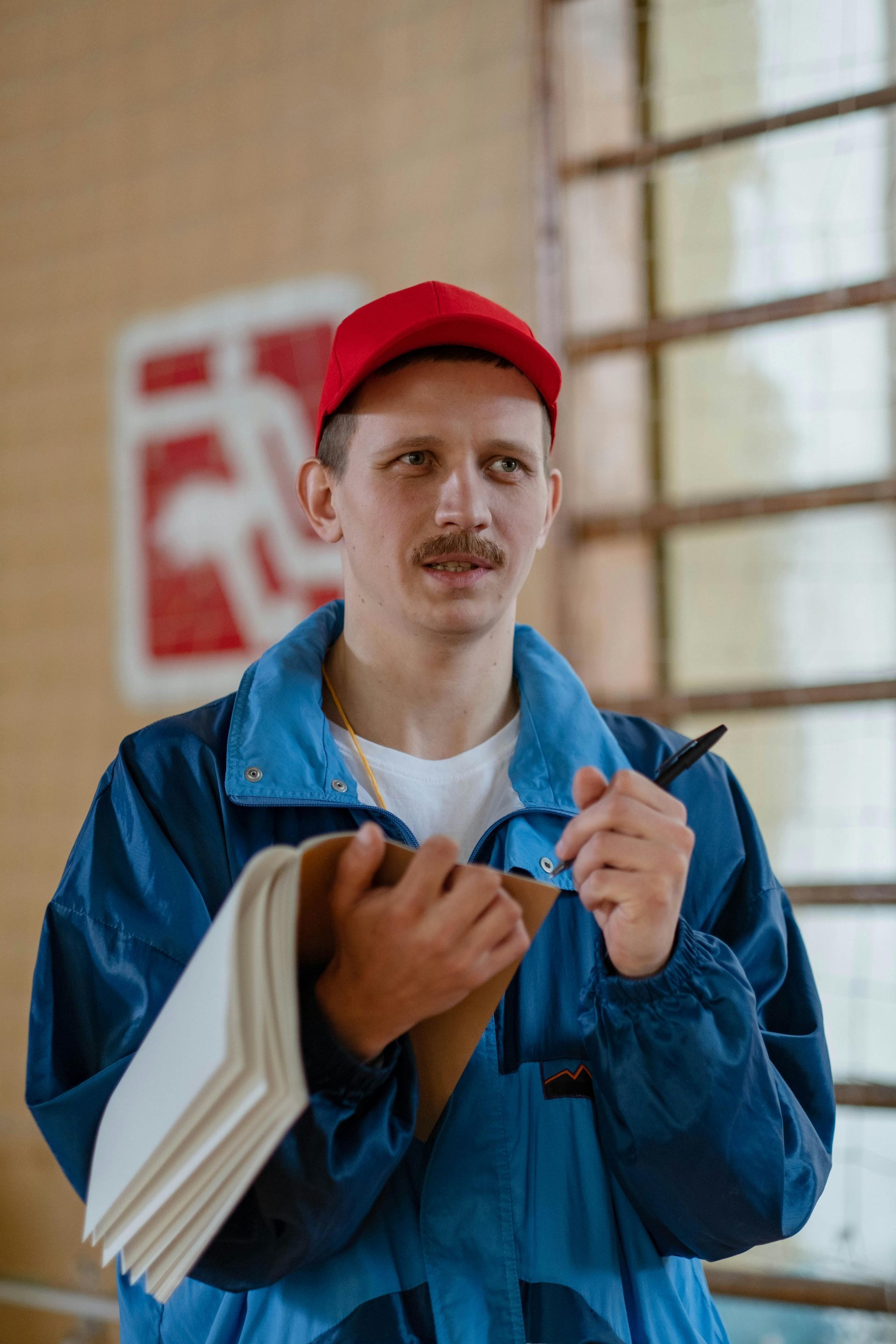 A person in a red cap and blue jacket holds a notepad and pen, looking ahead in an industrial setting.