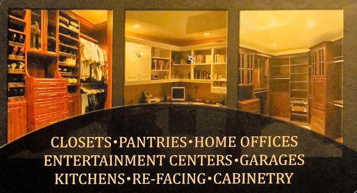 Warm-toned closet and pantry storage remodel advertisement with cabinet interiors and service text