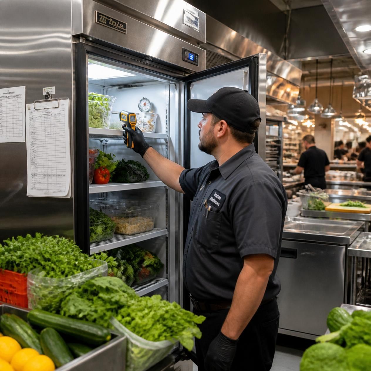 Technician performing commercial refrigeration maintenance in a Wichita restaurant