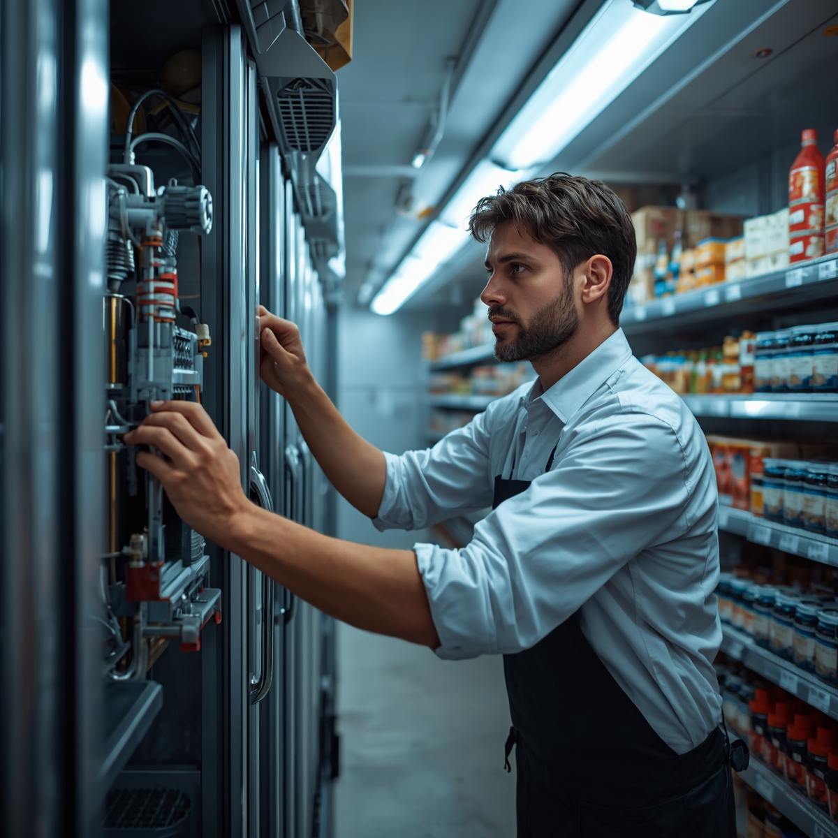 Certified commercial refrigeration repair technician servicing a walk-in cooler in Wichita, KS