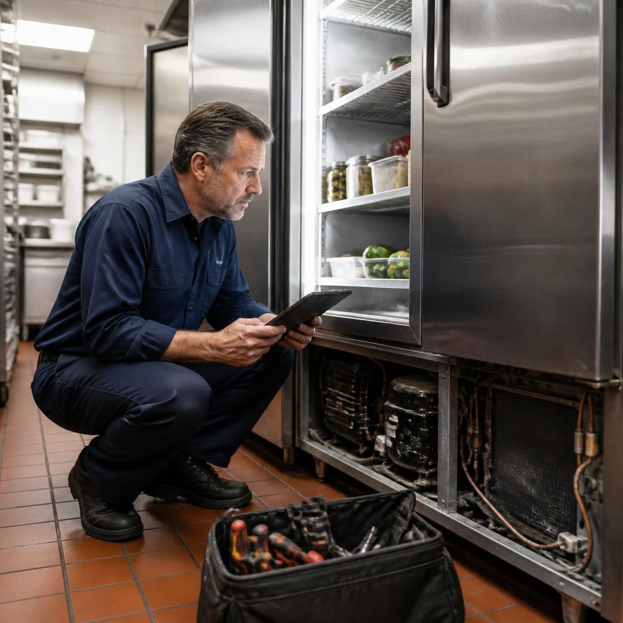 Technician comparing commercial refrigerator repair vs replacement in Wichita KS
