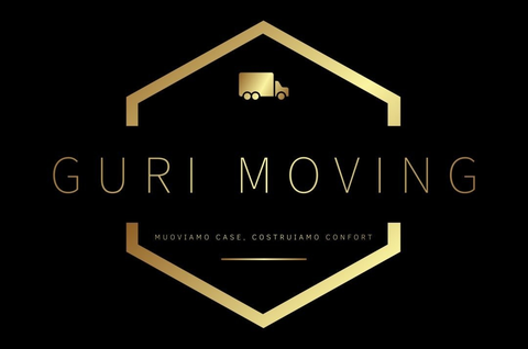 Logo esagonale dorato con un camion per traslochi e la scritta “GURI MOVING” su sfondo nero