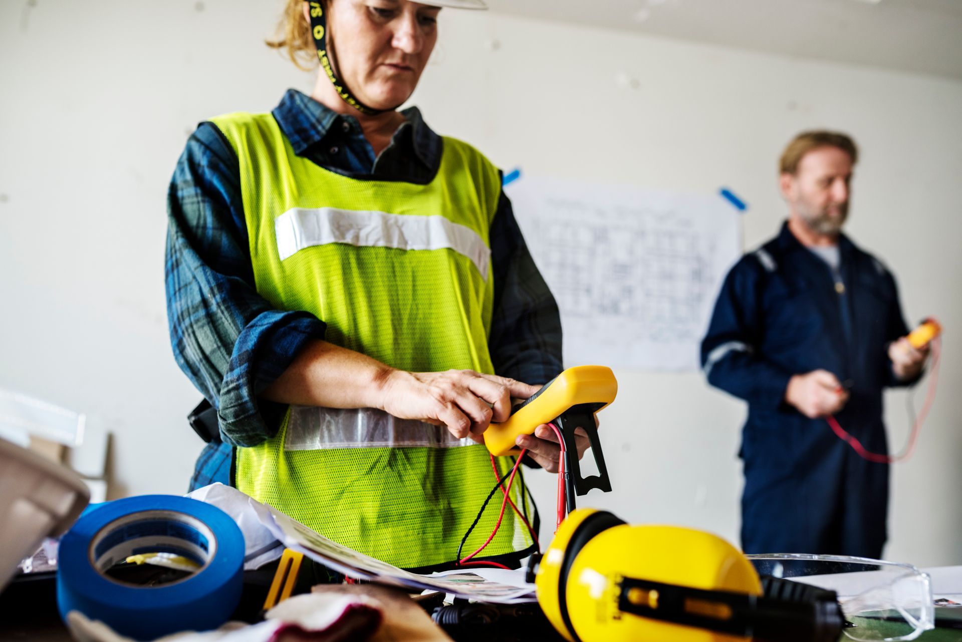 Woman in a hard hat and vest using a multimeter; another person in background.
