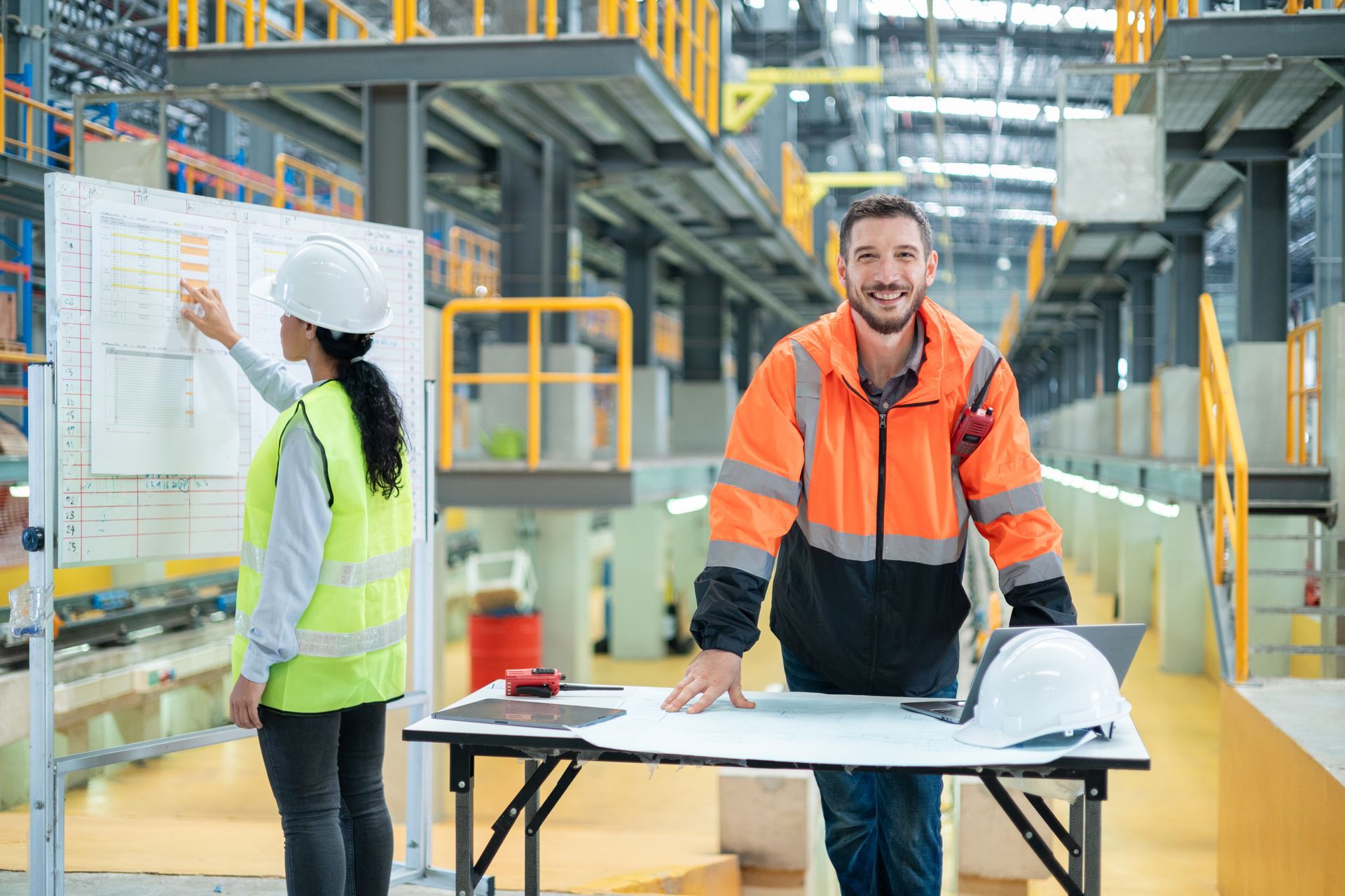 Two engineers in safety vests and hard hats in a factory, one pointing at a blueprint, the other smiling.