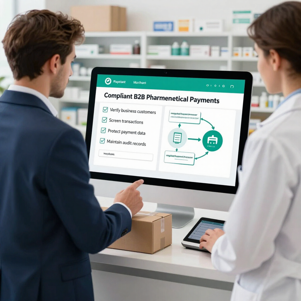 Licensed pharmacist and wholesaler completing a secure B2B payment on a laptop, with MHRA and FDA