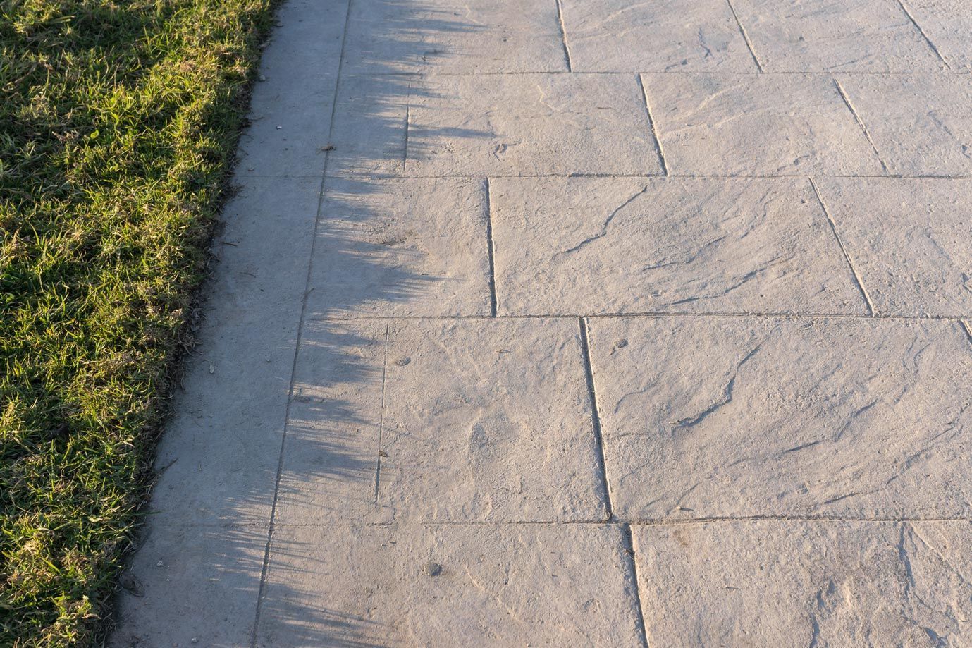 Concrete sidewalk beside green grass in sunlight