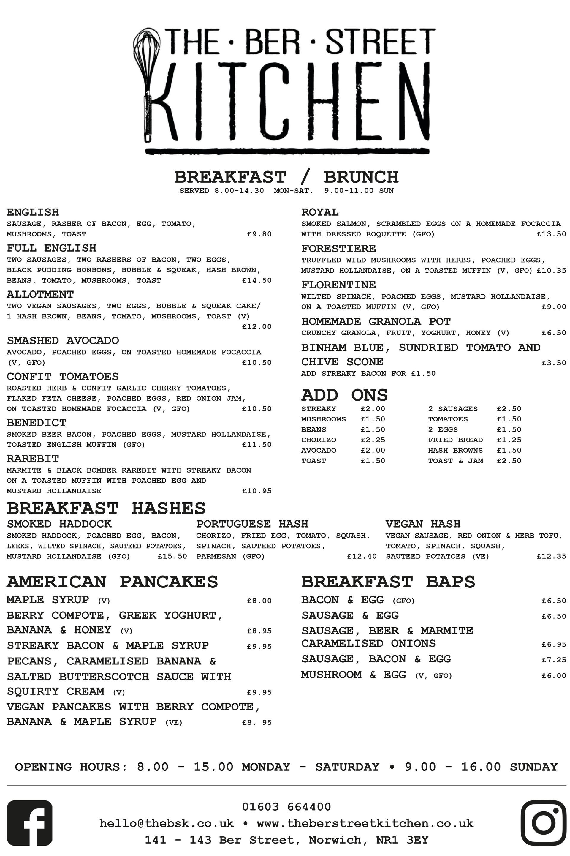 Black-and-white restaurant menu for The Beer Street Kitchen, listing breakfast, brunch, and drinks.