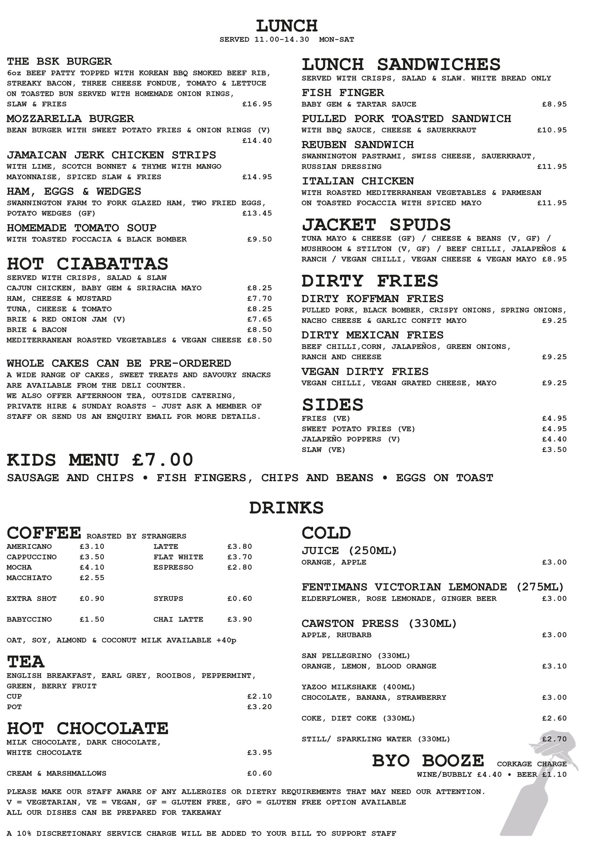 Black-and-white menu page with sandwich, kids, drinks, and hot chocolate sections.