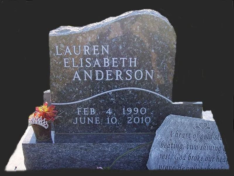 Gravestone for Lauren Elisabeth Anderson with flowers and dates Feb. 4, 1990–June 10, 2010