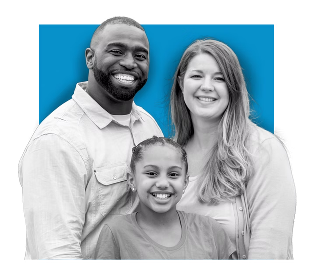 Three smiling people posing together against a blue background