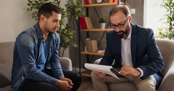 Two men in a meeting, one reviewing documents while seated in a modern office lounge.