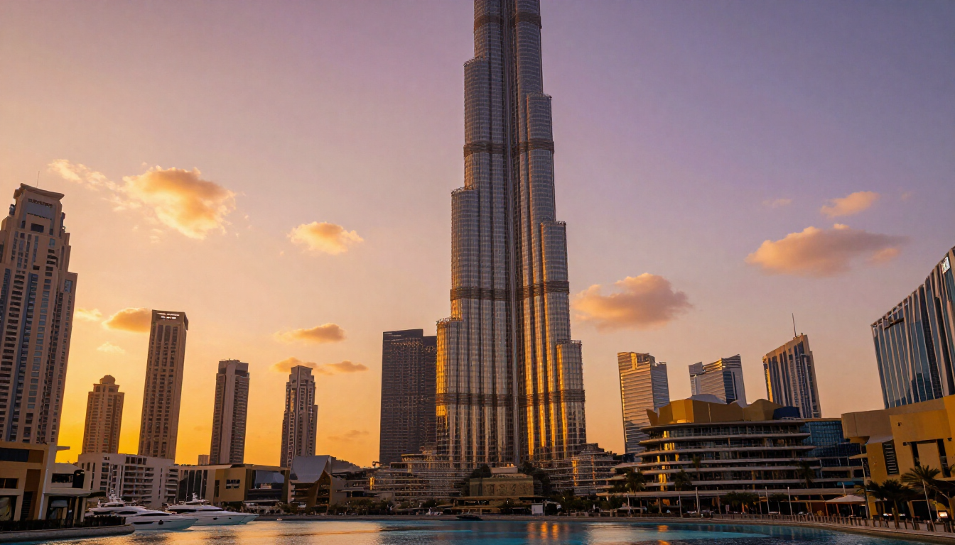 Night view of Dubai Marina with yachts and skyscrapers