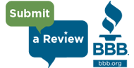 Submit a Review button, dark blue speech bubble, green bubble, with a BBB logo.