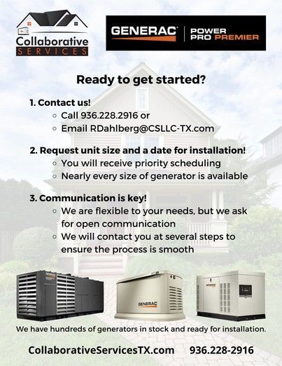Advertisement for generator installation services. Features Generac logo, contact info, and generator images.