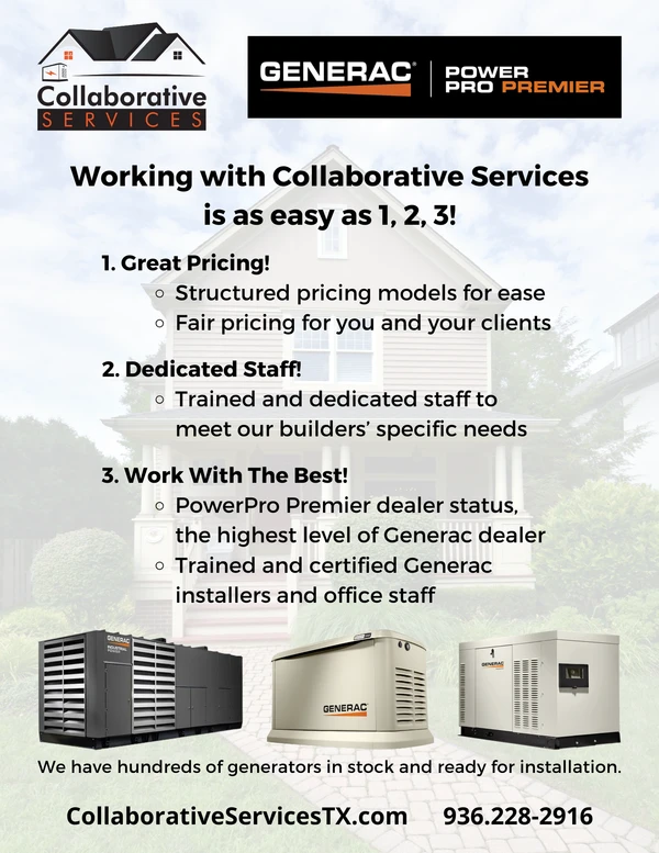 Advertisement for Collaborative Services, a Generac dealer, showcasing generator models and benefits: pricing, dedicated staff, and PowerPro Premier status.