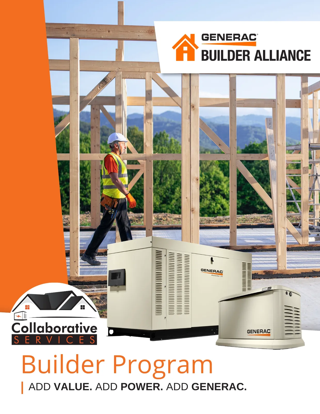 Brochure for Generac Builder Alliance program; construction worker, generators.