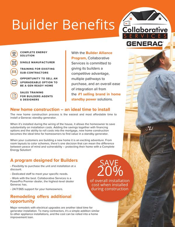 Flyer for builder benefits, featuring a construction worker and details about Generac's insulation services, offering a 20% discount.