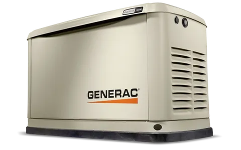 Cream-colored Generac home generator, with brand name on front.