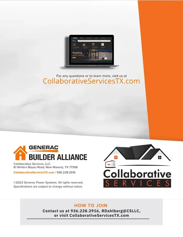 Advertisement for Collaborative Services. Laptop screen, Generac Builder Alliance logo, contact information, and a website address.