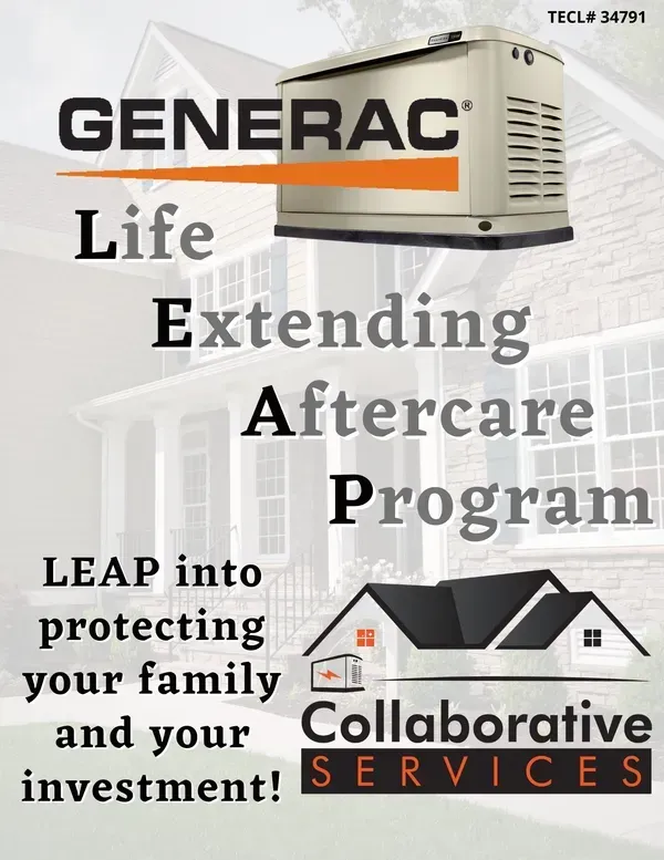 Generac brochure promoting the Life Extending Aftercare Program (LEAP), showing a generator, house, and the words