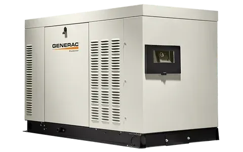 A beige Generac generator with ventilation grilles, control panel, and logo.
