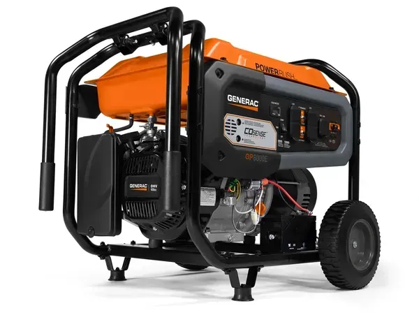 Orange and black Generac portable generator on a white background, with wheels and a metal frame.