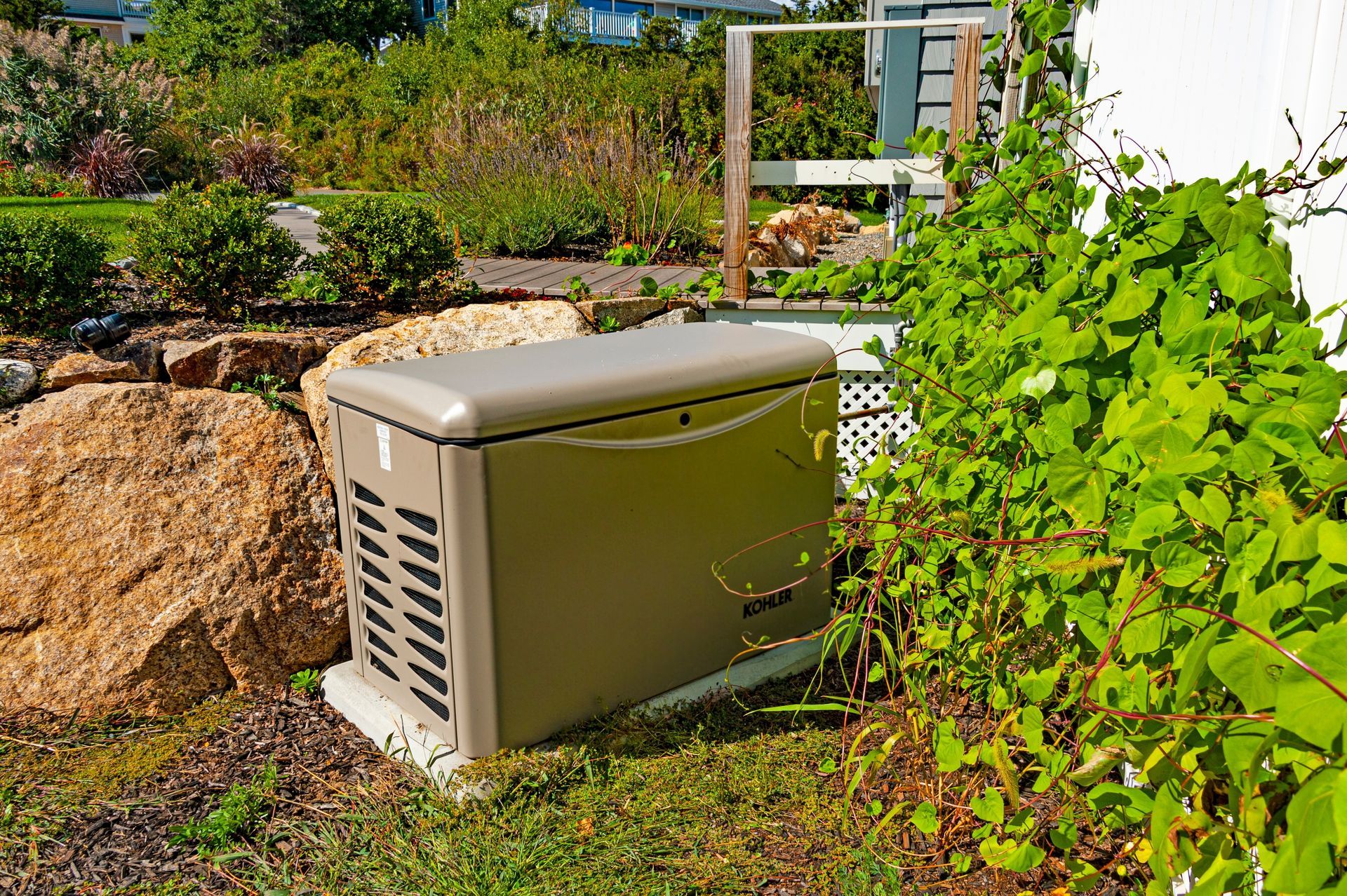Beige outdoor utility box beside rocks and green plants in a garden setting