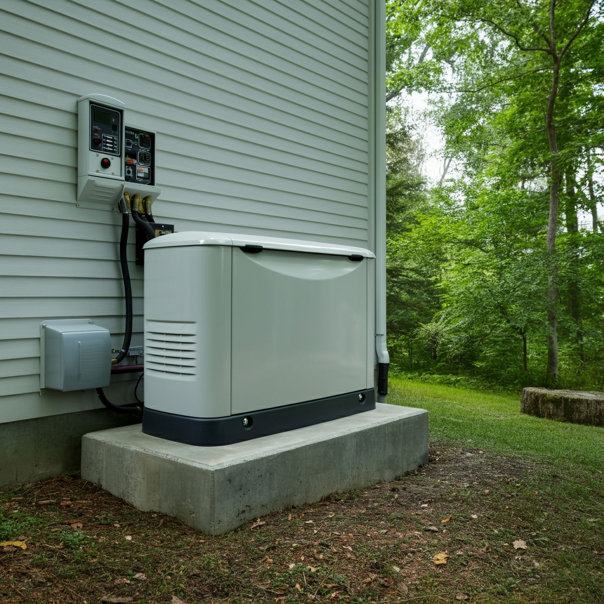 Backup generator beside house on a concrete pad, connected to electrical panels outdoors.