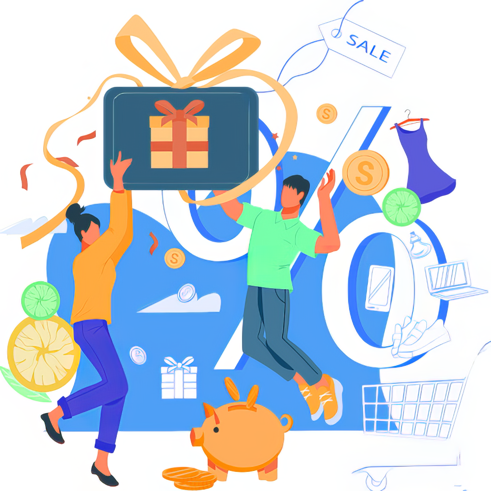 People celebrating a gift card, sale with discounts and a piggy bank.