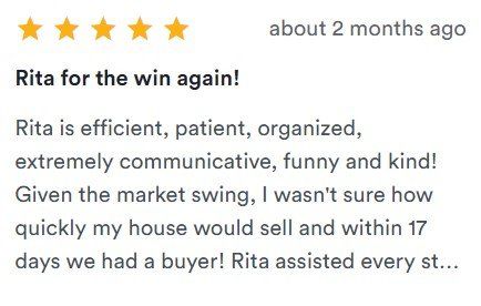 Five-star review praising Rita, with bold heading “Rita for the win again!”