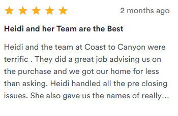 Five-star review praising Heidi and her team at Coast to Canyon for great service and closing a home purchase quickly