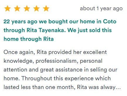 Five-star real estate review praising Rita Taneyaka for helping sell a home in Coto.