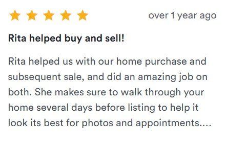Five-star review praising Rita for helping with a home purchase and sale, and staging the home for photos.