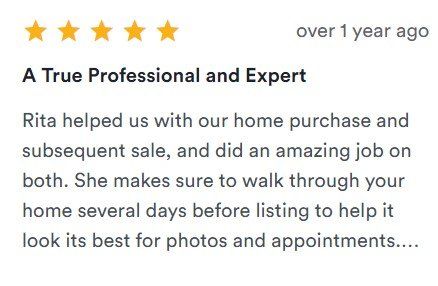 Five-star review titled “A True Professional and Expert” praising Rita’s home purchase and sale help
