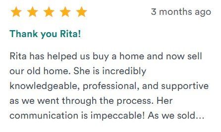 Five-star review card thanking Rita for helping buy and sell a home; praises her knowledge and communication.