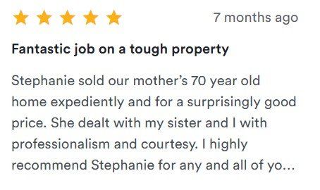 Review card with five gold stars and a positive testimonial titled “Fantastic job on a tough property.”