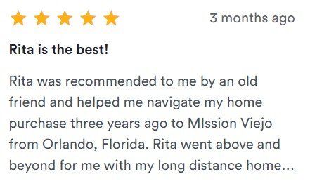 5-star review titled “Rita is the best!” with text praising Rita’s help and going beyond expectations.