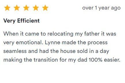 5-star review titled “Very Efficient” about relocating a father, with text praising Lynn’s seamless help.