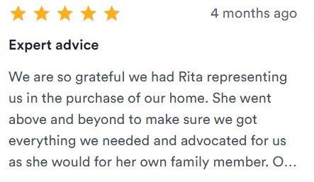 Five-star review titled “Expert advice” praising Rita for helping purchase a home