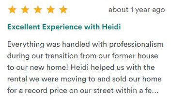 5-star review titled “Excellent Experience with Heidi” about a home rental and moving experience