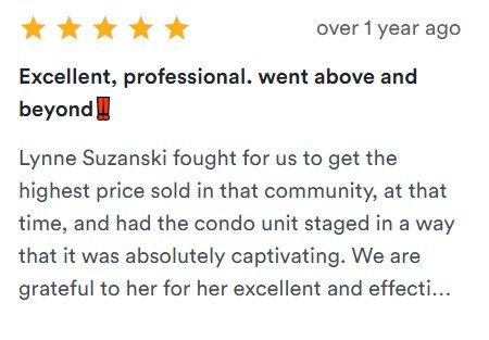 Five-star review praising Lynne Suzanski as excellent and professional, with review text and 1-year-old timestamp