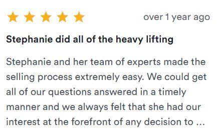 Five-star review titled “Stephanie did all of the heavy lifting” with text snippet and “over 1 year ago” label