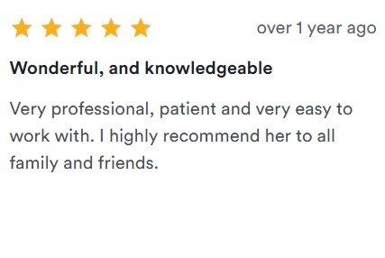 Five-star review praising a professional, patient, and easy-to-work-with person